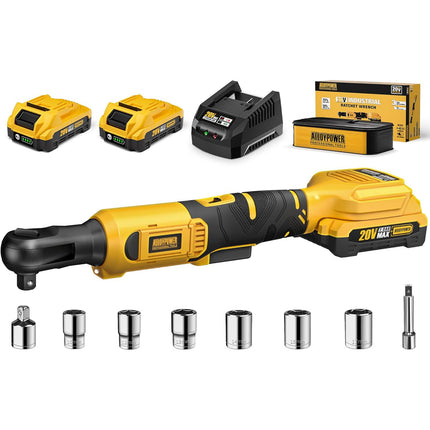 Alloyman 20V Cordless Ratchet Wrench Set, 3/8" 60FT-LBS(80N.m) Electric Ratchet, 2 X 20V Chargeable Power Ratchet Wrench Set with Variable Speed, LED Light, 6 Sockets, 1/4" Adapter, 3" Extension Rod