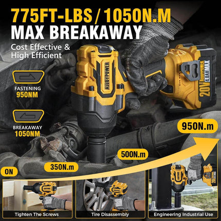 Brushless Impact Wrench, 775Ft-lbs(1050N.m) High Torque impact gun, 4.0Ah Battery Operated, 1/2 Cordless Power, 4 Sockets for Home Car Tires