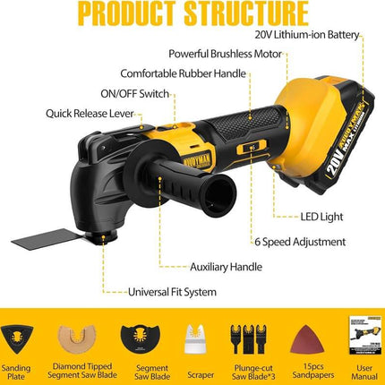 ALLOYMAN 20V Brushless Cordless Oscillating Tool, 22000OPM Variable Speed With Li-Ion Battery and Charger