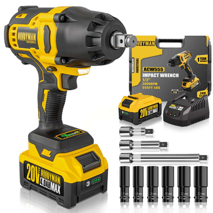 Alloyman 1/2 inch Cordless Impact Wrench, (750 N.m) 555 Ft-lbs Hight Torque Electric Impact Gun,20V Power Impact Driver, Brushless Motor 2000 RPM, 6 Sockets,3 Extension Bars, 4.0AH Li-ion Battery