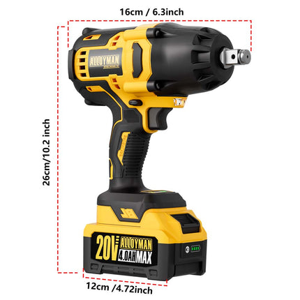 Alloyman 1/2 inch Cordless Impact Wrench, (750 N.m) 555 Ft-lbs Hight Torque Electric Impact Gun,20V Power Impact Driver, Brushless Motor 2000 RPM, 6 Sockets,3 Extension Bars, 4.0AH Li-ion Battery