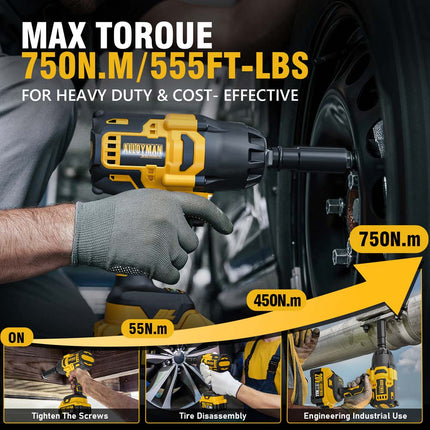 Alloyman 1/2 inch Cordless Impact Wrench, (750 N.m) 555 Ft-lbs Hight Torque Electric Impact Gun,20V Power Impact Driver, Brushless Motor 2000 RPM, 6 Sockets,3 Extension Bars, 4.0AH Li-ion Battery