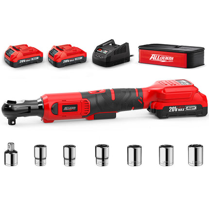 Alloyman 20V Cordless Ratchet Wrench Set, 3/8" 60FT-LBS(80N.m) Electric Ratchet, 2 X 20V Chargeable Power Ratchet Wrench Set with Variable Speed, LED Light, 6 Sockets, 1/4" Adapter, 3" Extension Rod