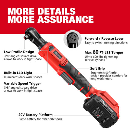 Alloyman 20V Cordless Ratchet Wrench Set, 3/8" 60FT-LBS(80N.m) Electric Ratchet, 2 X 20V Chargeable Power Ratchet Wrench Set with Variable Speed, LED Light, 6 Sockets, 1/4" Adapter, 3" Extension Rod