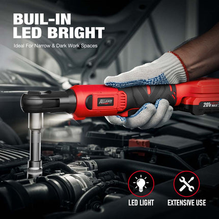 Alloyman 20V Cordless Ratchet Wrench Set, 3/8" 60FT-LBS(80N.m) Electric Ratchet, 2 X 20V Chargeable Power Ratchet Wrench Set with Variable Speed, LED Light, 6 Sockets, 1/4" Adapter, 3" Extension Rod