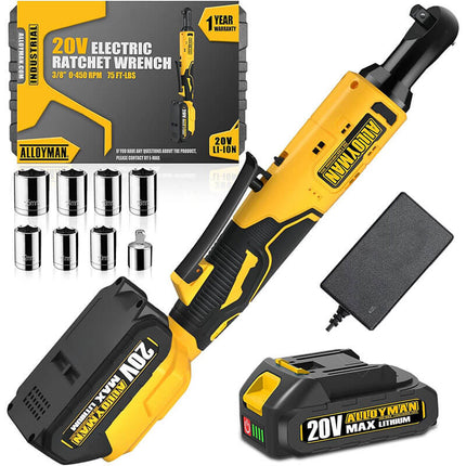 Alloyman 20V Extended Ratchet Wrench 450 RPM 3/8 Inch with 2-Pack 2.0Ah Li-Ion Batteries