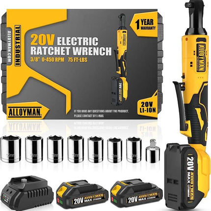 Alloyman 20V Extended Ratchet Wrench 450 RPM 3/8 Inch with 2-Pack 2.0Ah Li-Ion Batteries