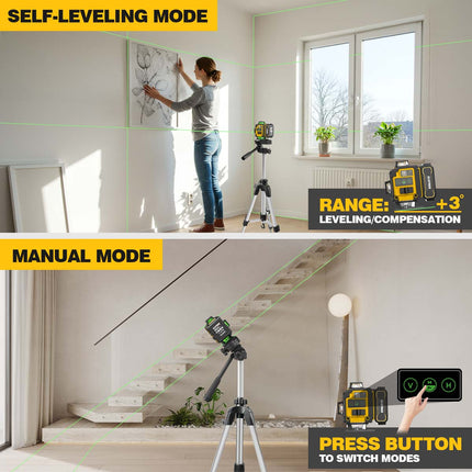 Alloyman Laser Level with Tripod, 4x360° Self Leveling Laser Level, Green Line Laser 4D Laser Leveler Tool with 2Pcs Lithium Batteries
