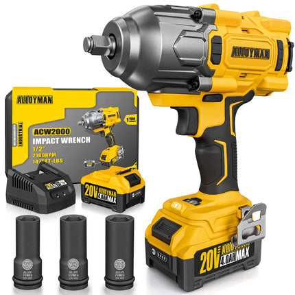 Alloyman 1/2 Cordless Brushless Impact Wrench, 1475 ft-lbs (2000N.m), 3-Mode Speed, 4000mAh Battery, 3 Sockets