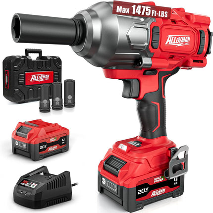 Alloyman 1/2 Cordless Brushless Impact Wrench, 1475 ft-lbs (2000N.m), 3-Mode Speed, 4000mAh Battery, 3 Sockets