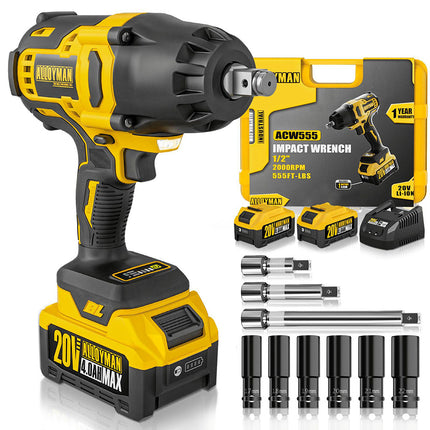 Alloyman 1/2 inch Cordless Impact Wrench, (750 N.m) 555 Ft-lbs Hight Torque Electric Impact Gun,20V Power Impact Driver, Brushless Motor 2000 RPM, 6 Sockets,3 Extension Bars, 4.0AH Li-ion Battery