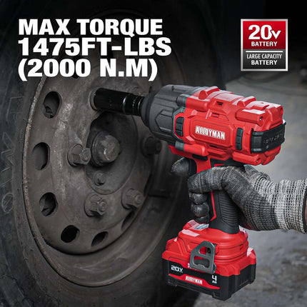 Alloyman 1/2 Cordless Brushless Impact Wrench, 1475 ft-lbs (2000N.m), 3-Mode Speed, 4000mAh Battery, 3 Sockets