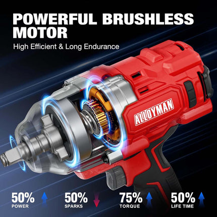 Alloyman 1/2 Cordless Brushless Impact Wrench, 1475 ft-lbs (2000N.m), 3-Mode Speed, 4000mAh Battery, 3 Sockets