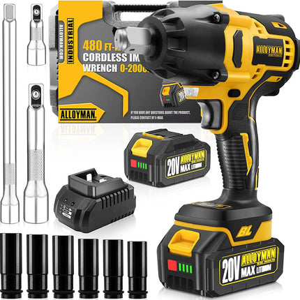 Alloyman Impact Wrench Cordless 2000 RPM 1/2 Inch with 4.0Ah lithium-ion battery and bright LED light