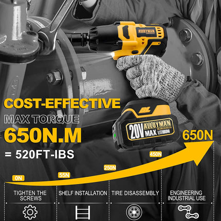 Alloyman Impact Wrench Cordless 2000 RPM 1/2 Inch with 4.0Ah lithium-ion battery and bright LED light