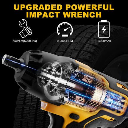 Alloyman Impact Wrench Cordless 2000 RPM 1/2 Inch with 4.0Ah lithium-ion battery and bright LED light