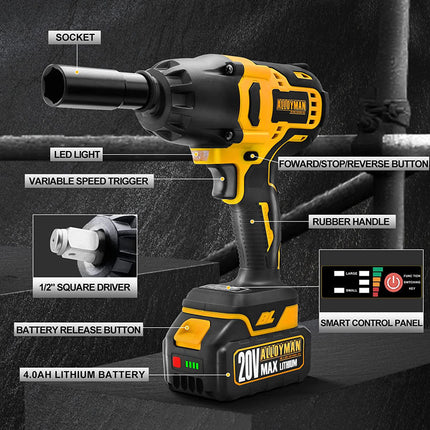 Alloyman Impact Wrench Cordless 2000 RPM 1/2 Inch with 4.0Ah lithium-ion battery and bright LED light