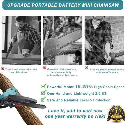 Bei & Hong Mini Chainsaw 6-Inch 21-Volt Lithium-Ion Electric Battery with Security Lock