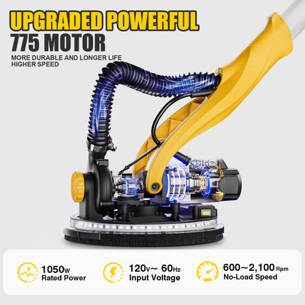 Lijadora de paneles de yeso de 1050 W con sistema de aspiración, 2100 RPM con 7 velocidades variables, mango plegable y extensible