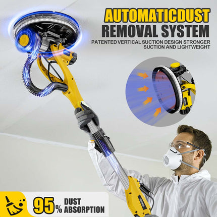 Lijadora de paneles de yeso de 1050 W con sistema de aspiración, 2100 RPM con 7 velocidades variables, mango plegable y extensible