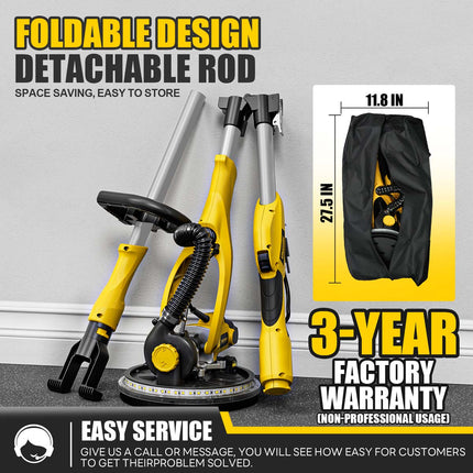 Lijadora de paneles de yeso de 1050 W con sistema de aspiración, 2100 RPM con 7 velocidades variables, mango plegable y extensible