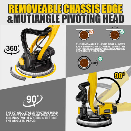 Lijadora de paneles de yeso de 1050 W con sistema de aspiración, 2100 RPM con 7 velocidades variables, mango plegable y extensible