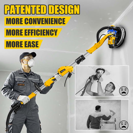 Lijadora de paneles de yeso de 1050 W con sistema de aspiración, 2100 RPM con 7 velocidades variables, mango plegable y extensible