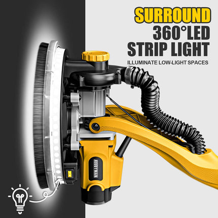 Lijadora de paneles de yeso de 1050 W con sistema de aspiración, 2100 RPM con 7 velocidades variables, mango plegable y extensible