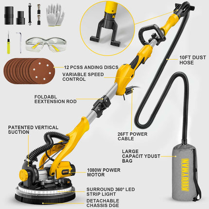 Lijadora de paneles de yeso de 1050 W con sistema de aspiración, 2100 RPM con 7 velocidades variables, mango plegable y extensible