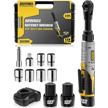 Alloypower 3/8" 12V Extended Cordless Ratchet Wrench, 60 Ft-lbs Extended Power Ratchet, 2 Batteries Electric Ratchet Wrench with Variable Speed, LED Light, 6 Sockets, 1/4" Adapter, Case