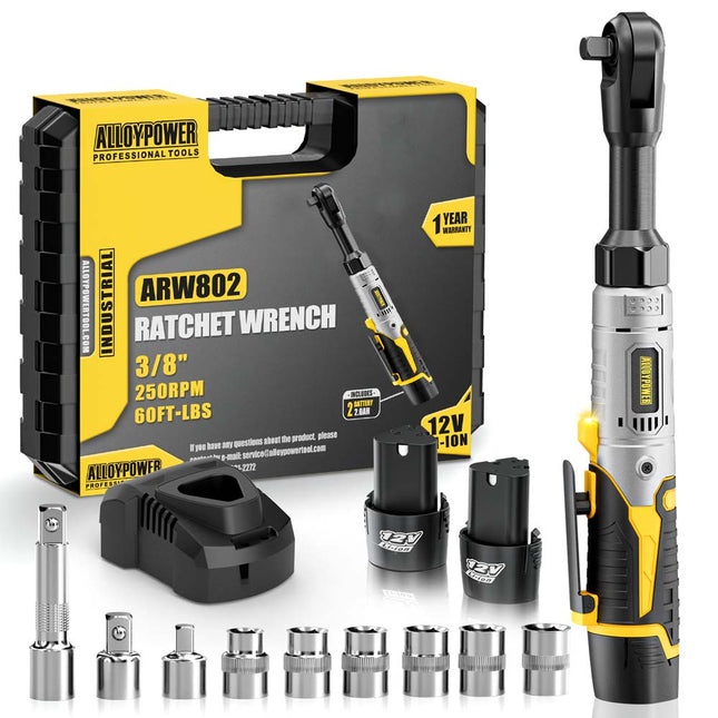 Alloypower 3/8" 12V Extended Cordless Ratchet Wrench, 60 Ft-lbs Extended Power Ratchet, 2 Batteries Electric Ratchet Wrench with Variable Speed, LED Light, 6 Sockets, 1/4" Adapter, Case