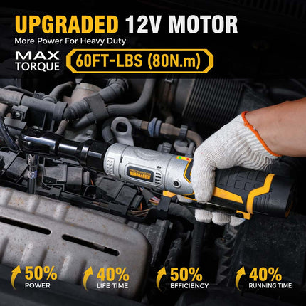 Alloypower 3/8" 12V Extended Cordless Ratchet Wrench, 60 Ft-lbs Extended Power Ratchet, 2 Batteries Electric Ratchet Wrench with Variable Speed, LED Light, 6 Sockets, 1/4" Adapter, Case
