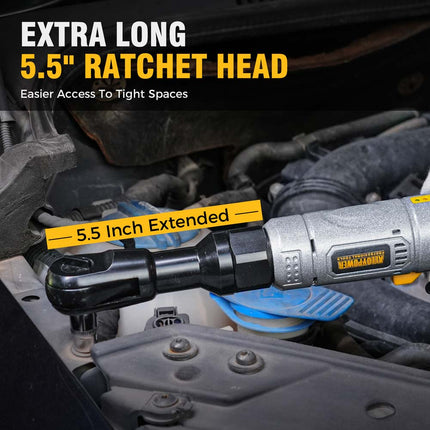 Alloypower 3/8" 12V Extended Cordless Ratchet Wrench, 60 Ft-lbs Extended Power Ratchet, 2 Batteries Electric Ratchet Wrench with Variable Speed, LED Light, 6 Sockets, 1/4" Adapter, Case