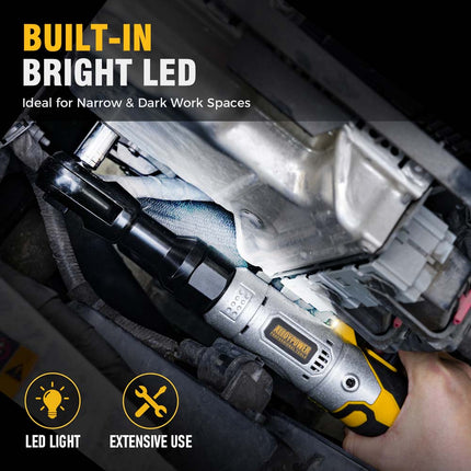 Alloypower 3/8" 12V Extended Cordless Ratchet Wrench, 60 Ft-lbs Extended Power Ratchet, 2 Batteries Electric Ratchet Wrench with Variable Speed, LED Light, 6 Sockets, 1/4" Adapter, Case