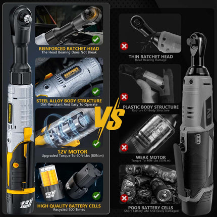 Alloypower 3/8" 12V Extended Cordless Ratchet Wrench, 60 Ft-lbs Extended Power Ratchet, 2 Batteries Electric Ratchet Wrench with Variable Speed, LED Light, 6 Sockets, 1/4" Adapter, Case