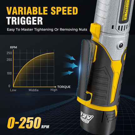 Alloypower 3/8" 12V Extended Cordless Ratchet Wrench, 60 Ft-lbs Extended Power Ratchet, 2 Batteries Electric Ratchet Wrench with Variable Speed, LED Light, 6 Sockets, 1/4" Adapter, Case