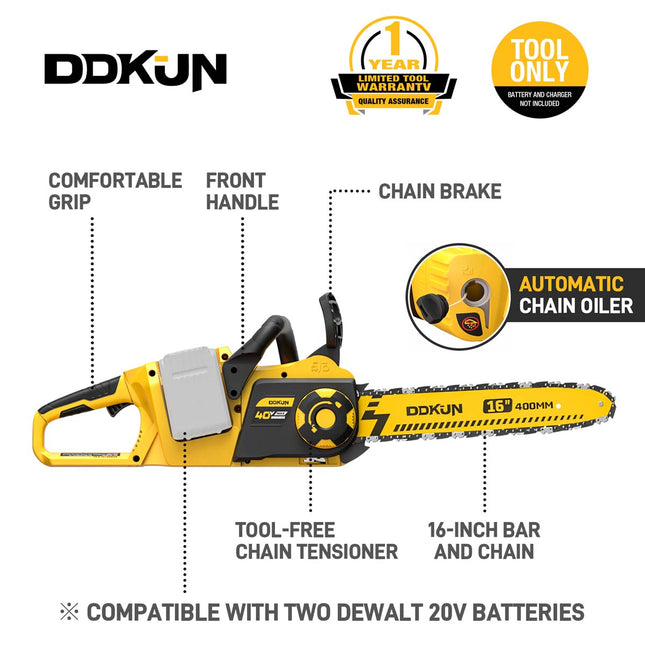 16" Brushless Cordless Chainsaw 40V (Tool Only) - Compatible with DeWalt Battery