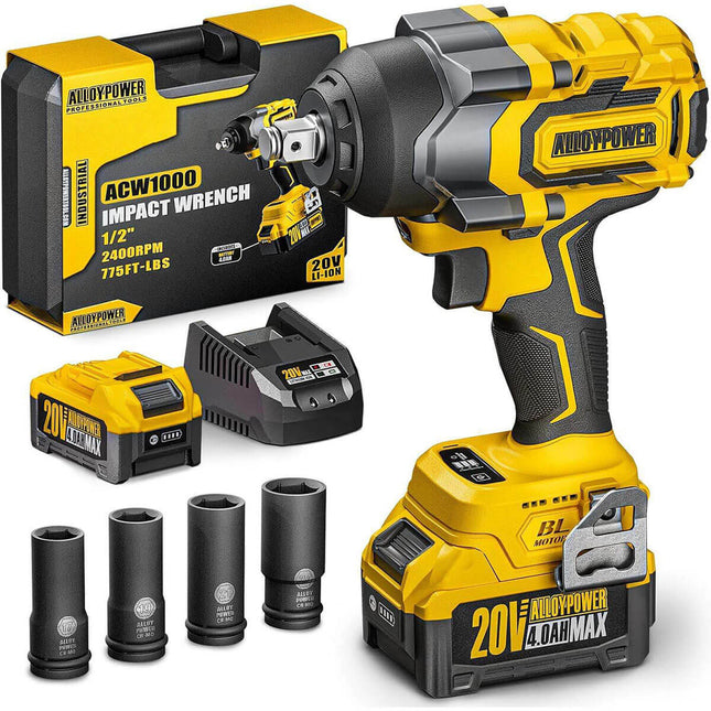 Brushless Impact Wrench, 775Ft-lbs(1050N.m) High Torque impact gun, 4.0Ah Battery Operated, 1/2 Cordless Power, 4 Sockets for Home Car Tires