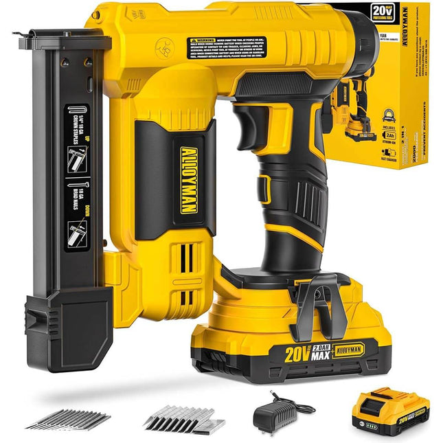 Alloyman 18 Gauge Nail Gun Battery Powered, 2 in 1 Cordless Brad Nailer/Electric Stapler with 2.0Ah Battery and Charger,1000pcs Nails and 1000pcs Staples Included for Home Improvement & Woodworking