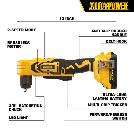 20V Brushless 3/8" Right Angle Drill Kit with 2×2.0Ah Batteries & Charger