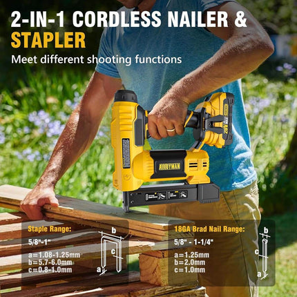 Alloyman 18 Gauge Nail Gun Battery Powered, 2 in 1 Cordless Brad Nailer/Electric Stapler with 2.0Ah Battery and Charger,1000pcs Nails and 1000pcs Staples Included for Home Improvement & Woodworking