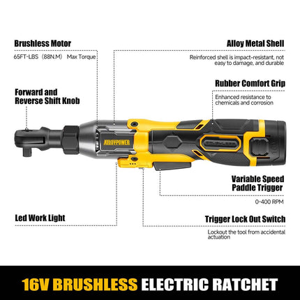 Alloypower 3/8" 16V Cordless Brushless Ratchet Wrench Set - 65FT-LBS(88N.m) Torque