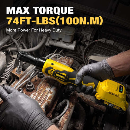 20V Brushless Cordless Ratchet Wrench, 3/8" Drive, 74 ft-lbs (100 Nm), 2 Batteries
