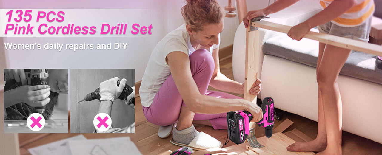 Alloyman 3 8 Inches Pink Drill Set for Women 135 Pcs Cordless Drill To