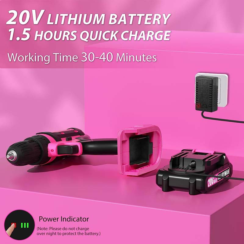 Shall Pink Cordless Drill Driver 20V Electric Power Drill Screwdriver Set with 2.0Ah Battery & Fast Charger for Women, 3/8