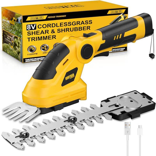ALLOYMAN 8V Cordless Grass Shear & Shrubbery Trimmer 2-in-1 Mini Hedge Trimmer with 2.0Ah Battery & USB -C Port
