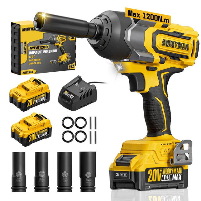 Cordless Impact Wrench, 900Ft-lbs (1200N.m) 1/2" Brushless Impact Gun, 20V High Torque Power Impact Driver, 2x4.0Ah Batteries,Brushless Motor 2400 RPM Variable Speeds