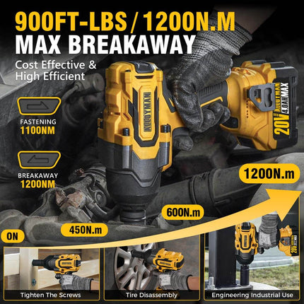 Cordless Impact Wrench, 900Ft-lbs (1200N.m) 1/2" Brushless Impact Gun, 20V High Torque Power Impact Driver, 2x4.0Ah Batteries,Brushless Motor 2400 RPM Variable Speeds