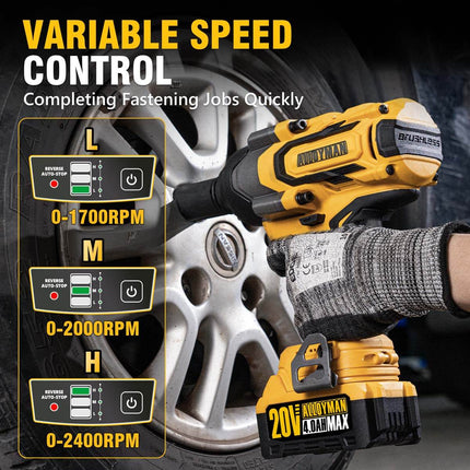 Cordless Impact Wrench, 900Ft-lbs (1200N.m) 1/2" Brushless Impact Gun, 20V High Torque Power Impact Driver, 2x4.0Ah Batteries,Brushless Motor 2400 RPM Variable Speeds