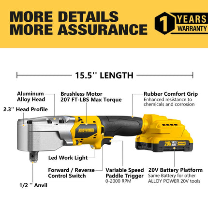 ALLOYMAN 20V Brushless Right Angle Wrench - 280N.M High Torque with 2×2.0Ah Batteries